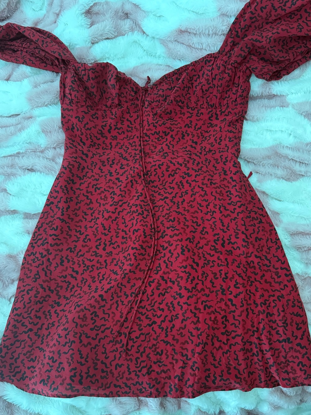 Realisation Par Red Mini Dress with Black Squiggle Print